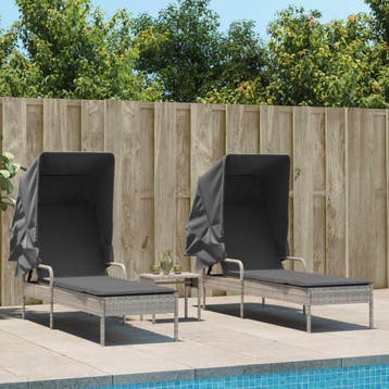 vidaXL Ligbedden 2 st met luifels en tafel poly rattan, Verzenden, Nieuw