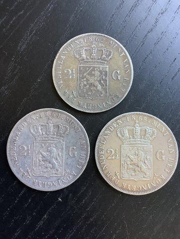 Nederland. Willem III. 2 1/2 Gulden 1862/1868, Lot van 3, Postzegels en Munten, Munten | Nederland