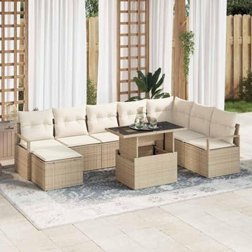 vidaXL Tuin Sofa Set 9 st Beige en Crème poly rattan, Verzenden, Nieuw, Rotan, Meer dan 8 zitplaatsen