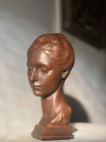 Beeldje - Art Nouveau Style Bust of a Young Maiden, Bronze, Antiek en Kunst