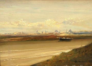 Lorenzo Delleani (1840-1908) - Paesaggio fluviale con barca