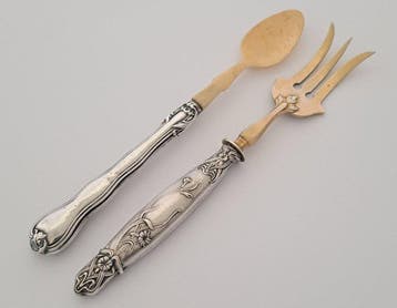Lepel (2) - Jugendstil serveer vorkje + lepel met zilveren