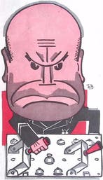 Spotprent met het GROTE HOOFD-kwartier van Mussolini, Verzenden