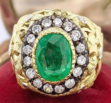 Ring - 18 karaat Geel goud, Zilver Smaragd - Diamant, Nieuw