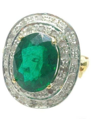 Zonder minimumprijs - Ring - 9 kt. Geel goud, Zilver Smaragd, Nieuw