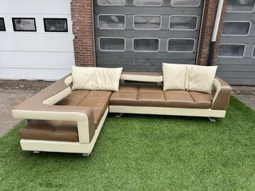 Hoekbank FORMENTI design  bankstel bruin/creme buffel leer, 250 tot 300 cm, Design, Hoekbank, Vierpersoons of meer