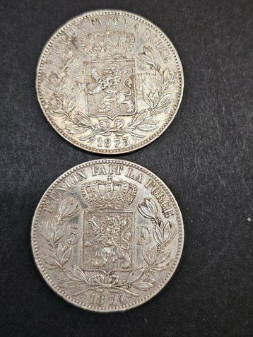 België. 5 Francs 1873 + 1874 (Zonder minimumprijs), Postzegels en Munten