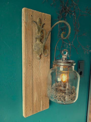 Houten Wanddecoratie met Glazen Windlicht - Handgemaakt, Met verlichting, Hout, Nieuw, Ophalen of Verzenden