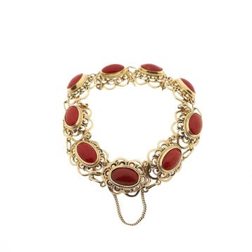 Antiek gouden armband met bloedkoralen (Schakelarmband), Gebruikt, Ophalen of Verzenden, Met edelsteen, Goud