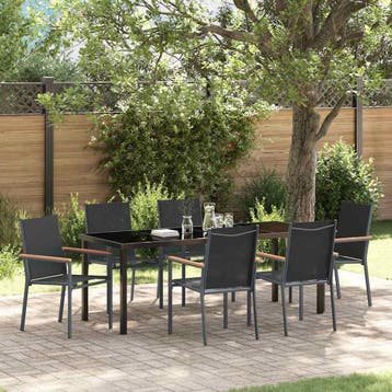 vidaXL Tuin eettafelset 7 st Zwart Poedercoating staal, Verzenden, Nieuw, Textileen, 7 zitplaatsen