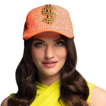Neon Oranje Dollar Pet met Strass, Ophalen of Verzenden, Nieuw