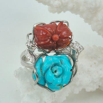 Koraal - Zilver - Ring - Turkoois en koraal gegraveerd, Antiek en Kunst