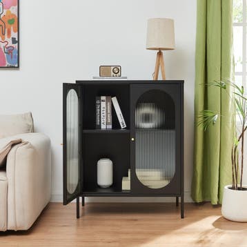 Dressoir Karlskrona metaal met geribbeld glas zwart 101x80x4, Verzenden, Nieuw