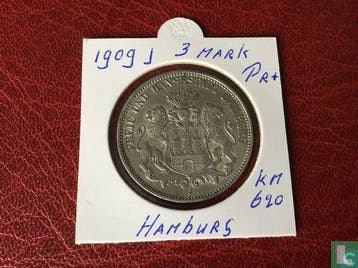Hamburg 3 mark 1909, Verzenden, Overige landen, Losse munt, Goud