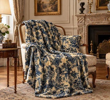 Elegante fluwelen stof in blauw Toile de Jouy met typisch, Antiek en Kunst