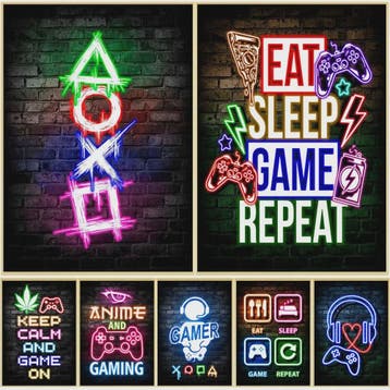 Gaming Neon Canvas Poster: Eat Sleep Game Repeat - Decoratie, Huis en Inrichting, Woonaccessoires | Wanddecoraties, Verzenden