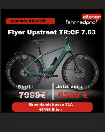 FLYER Upstreet TR:CF 7.63 Premium Carbon E-bike | Nu  €6399,, 51 tot 55 cm, Ophalen, Nieuw, 50 km per accu of meer