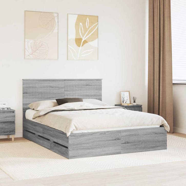 vidaXL Bedframe met lade Grijs Sonoma 150 x 200 cm, Huis en Inrichting, Slaapkamer | Bedden, Grijs, Nieuw, Hout, Verzenden