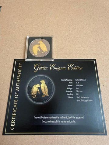Falklandeilanden. 5 Pounds 2026 Rockhopper Penguin-Golden, Postzegels en Munten