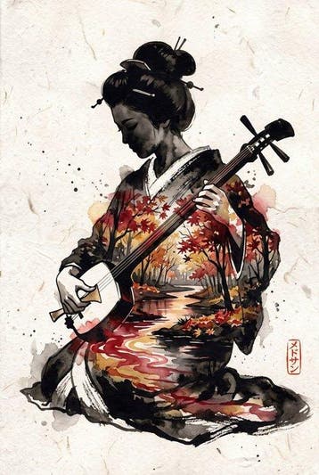 MEDSAN - Autumn Shamisen Geisha () - UNIQUE WORK, Antiek en Kunst