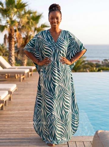 Boho rayon kaftan jurk - Groen Wit Palm Waves, Ophalen of Verzenden, Nieuw