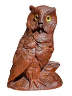 sculptuur, Antique Black Forest Owl - 13.5 cm - Hout, Glas, Antiek en Kunst, Antiek | Keramiek en Aardewerk