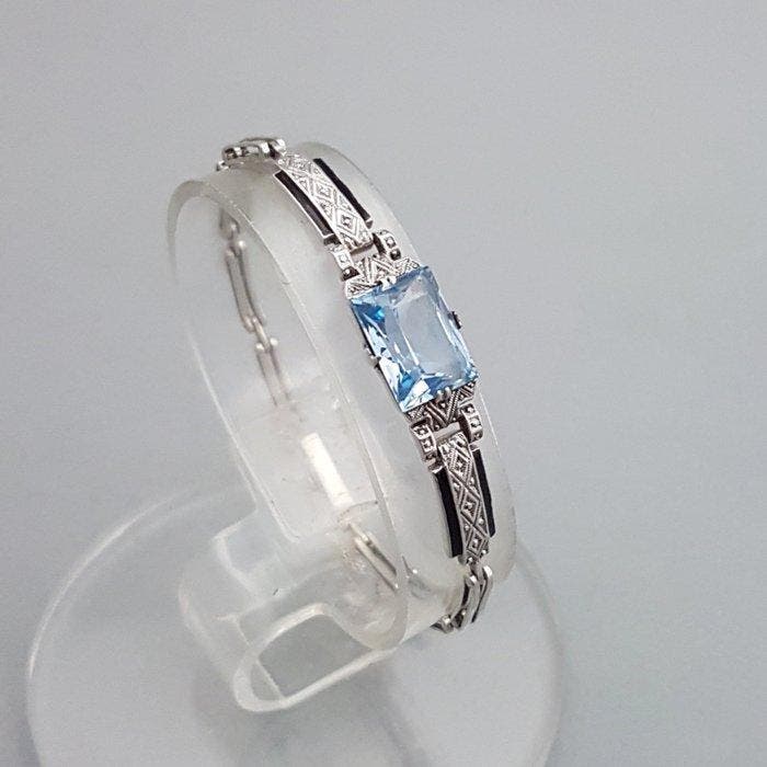 Zilver, Art Deco Blauwe Spinel(Getest) - Armband - + zwarte, Antiek en Kunst, Kunst | Designobjecten