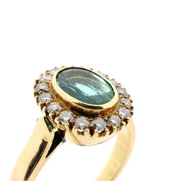 Gouden ring met smaragd en diamanten; 0,32 ct., Gebruikt, Ophalen of Verzenden, 17 tot 18, Met edelsteen