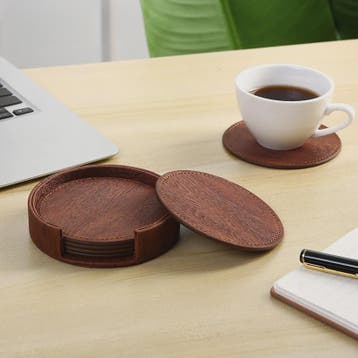 Set van 6 Luxe Lederen Onderzetters met Houtnerf Textuur en, Verzenden, Nieuw