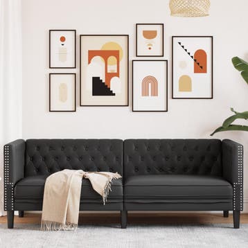 vidaXL Driezitsbank Chesterfield-stijl kunstleer zwart, Verzenden, Nieuw, Driepersoons, Leer