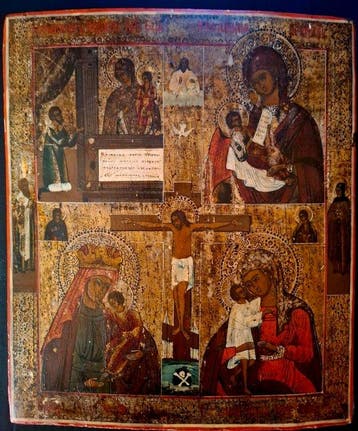 Icoon - Moeder Gods, Kruisiging van Christus - Hout