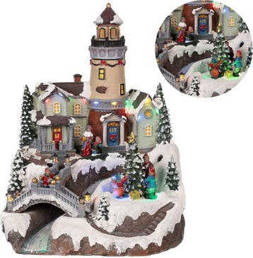 2dekans | Cheqo kerstdorp met draaiende kerstboom - LED, Ophalen of Verzenden, Zo goed als nieuw