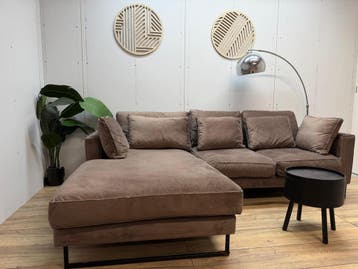 Bruine Velvet Hoekbank met Lounge |, Huis en Inrichting, 250 tot 300 cm, Verzenden, Hoekbank, Zo goed als nieuw