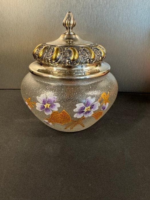Koektrommel - Glas, Metaal, Emaille - Bonbonnière met, Antiek en Kunst, Antiek | Meubels | Tafels