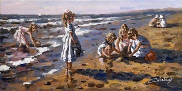 Francis Cristaux (1950) - Fillettes au bord de Mer  Jeux de, Antiek en Kunst