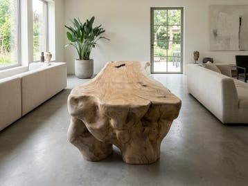 Suar Waterval Tafel 625 cm | Massief Suarhout | XXL L-tafel, Huis en Inrichting, Tafels | Eettafels, Ophalen, 100 tot 150 cm, Vijf personen of meer