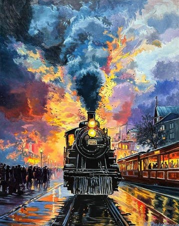Marin Prokopchuk (XX) - Evening train, Antiek en Kunst, Kunst | Schilderijen | Klassiek
