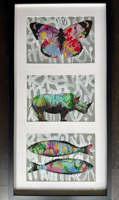 PaperBoy - Graffiti Animals (Original triptych, framed), Antiek en Kunst, Kunst | Schilderijen | Modern