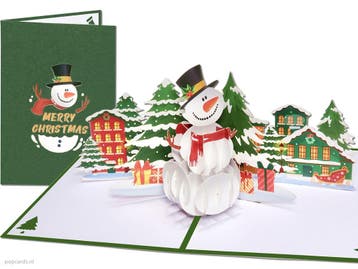Pop-up Kerstkaart Sneeuwpop met besneeuwde dennenbomen, Verzenden, Nieuw