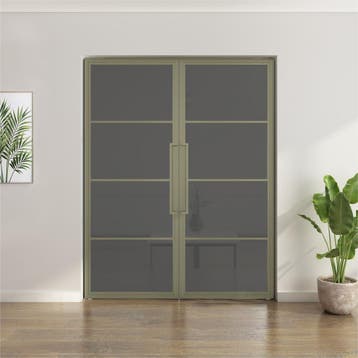Dubbele stalen taatsdeur - 4 Vlaks - Olijfgroen - Rook glas, Minder dan 80 cm, Overige typen, Nieuw, Metaal
