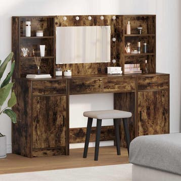 vidaXL Make-up tafel set met LED 3 st Gerookt eiken Bewerkt, Verzenden, Nieuw