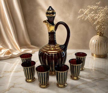 Boheemse liquerset – karaf met 6 glaasjes – amberglas en