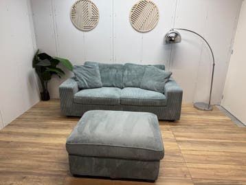Trendhopper 2,5-zits bank met hocker – Blauwgrijs ribstof, Gebruikt, Driepersoons, 75 tot 100 cm, Ophalen of Verzenden