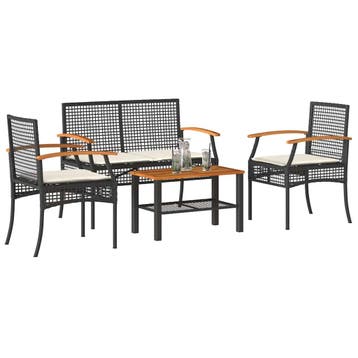 vidaXL 4-delige Loungeset met kussens poly rattan zwart, Tuin en Terras, Verzenden, Nieuw, 4 zitplaatsen, Loungeset