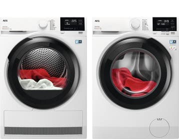 AEG Wasmachine + AEG Droger, Nieuw, 1600 toeren of meer, Voorlader