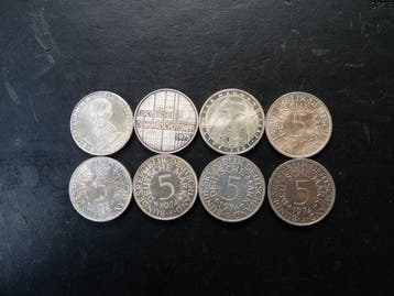 Duitsland, Bondsrepubliek 5 Deutsche Mark 8x 1968/1974, Postzegels en Munten, Munten | Europa | Niet-Euromunten