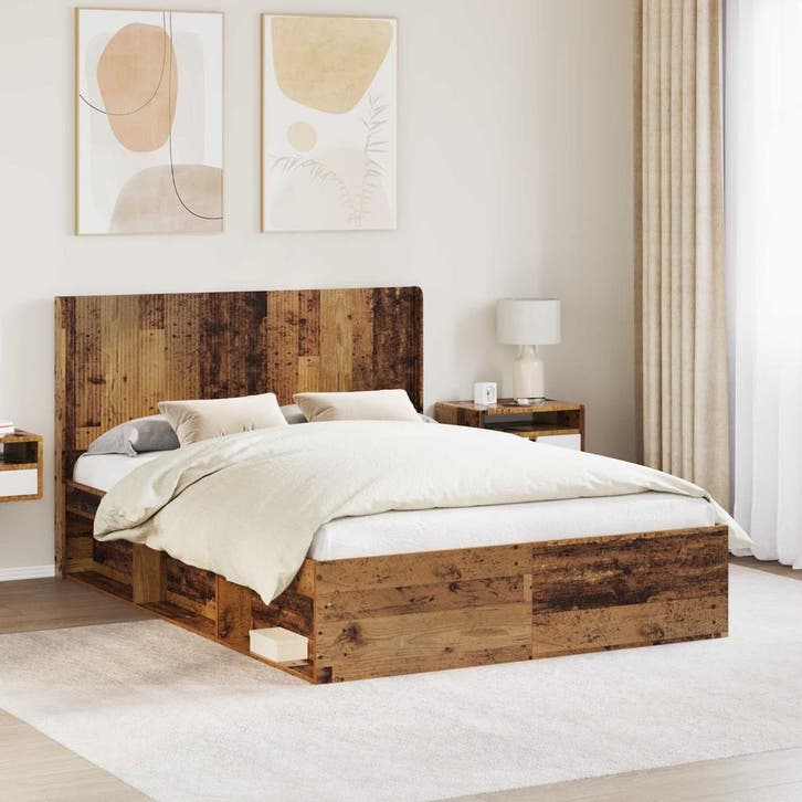 vidaXL Bedframe met opbergruimte en hoofdbord Oud hout 120 x, Huis en Inrichting, Slaapkamer | Bedden, Bruin, Nieuw, Hout, Verzenden