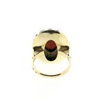 Goud met zilveren ring met bloedkoraal, parelmoer en diam..., 18 tot 19, Gebruikt, Overige kleuren, Ophalen of Verzenden