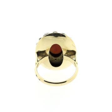 Goud met zilveren ring met bloedkoraal, parelmoer en diam..., 18 tot 19, Gebruikt, Ophalen of Verzenden, Met edelsteen