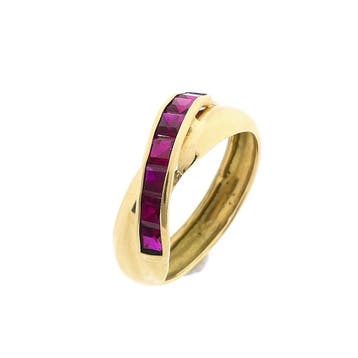 Gouden crossover ring met robijn, Gebruikt, Ophalen of Verzenden, 17 tot 18, Met edelsteen